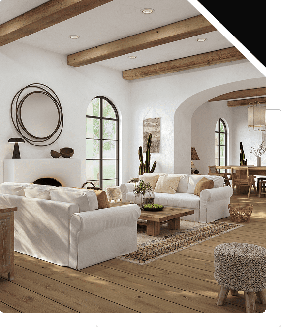 Cozy living room with white sofas, decor.