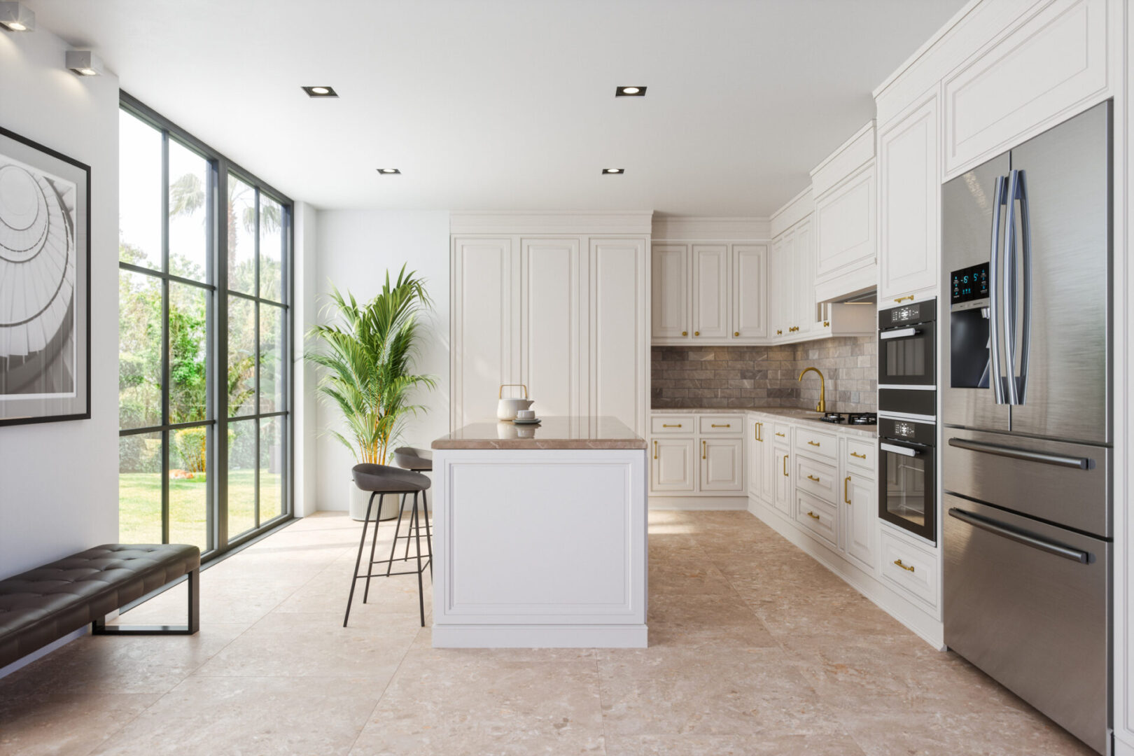 Modern kitchen with white cabinets and island.
