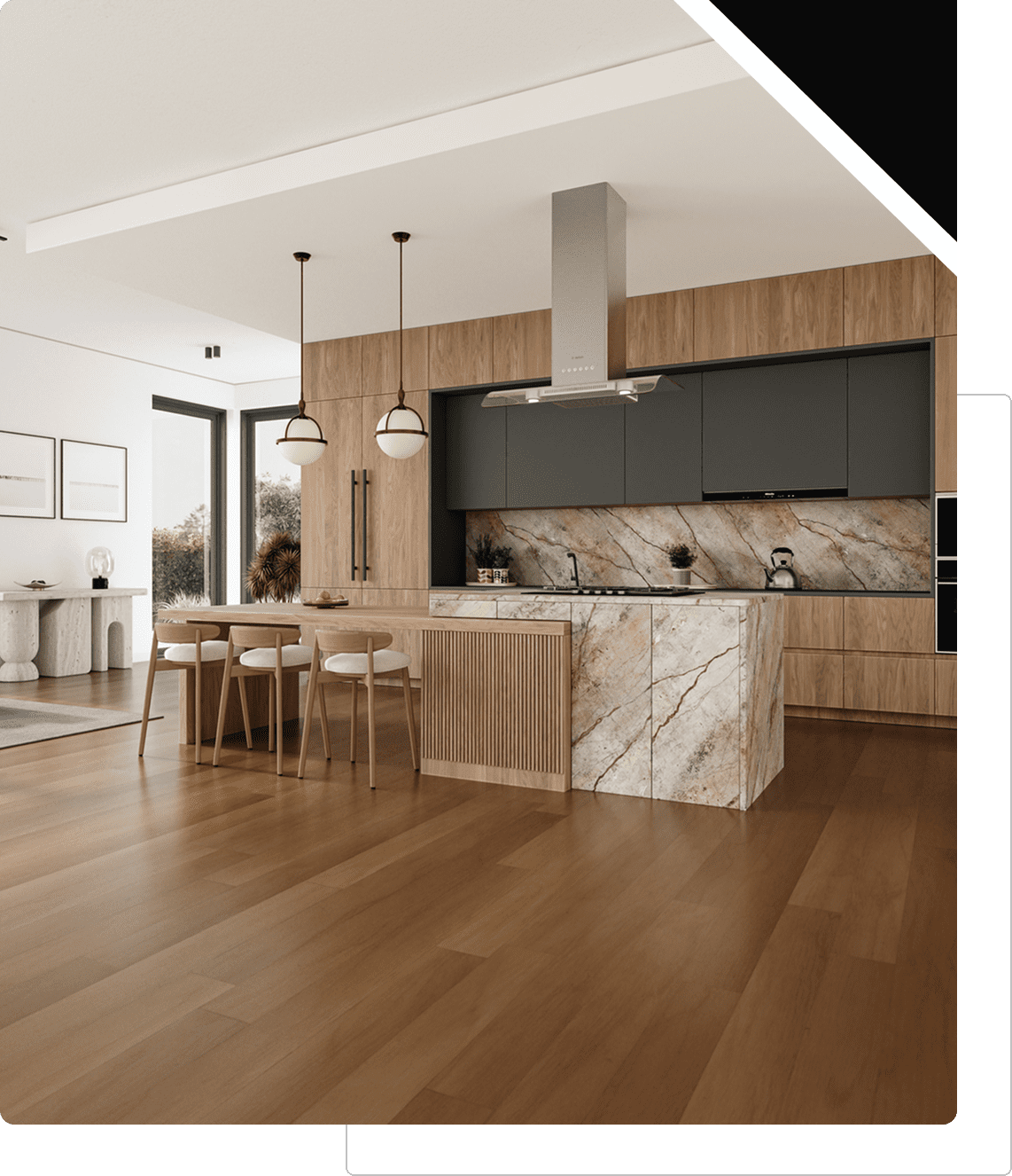 Modern kitchen with marble island and stools.
