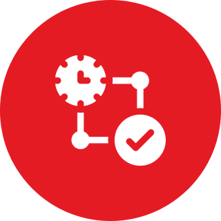 Clock and checkmark on red background.