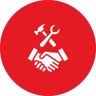 Handshake with hammer and wrench icon.