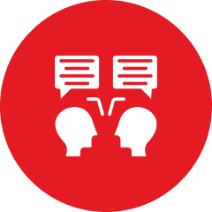 Two heads with speech bubbles, red background.